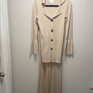 Pink Rose Cream Ribbed Button-Front Cardigan and Wide-Leg Pants Set